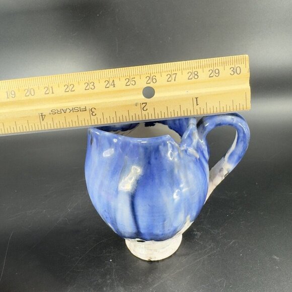 Italian Art Pottery Small Pitcher Creamer Drip Glaze Folded Edges Specked Inside - Picture 4 of 16
